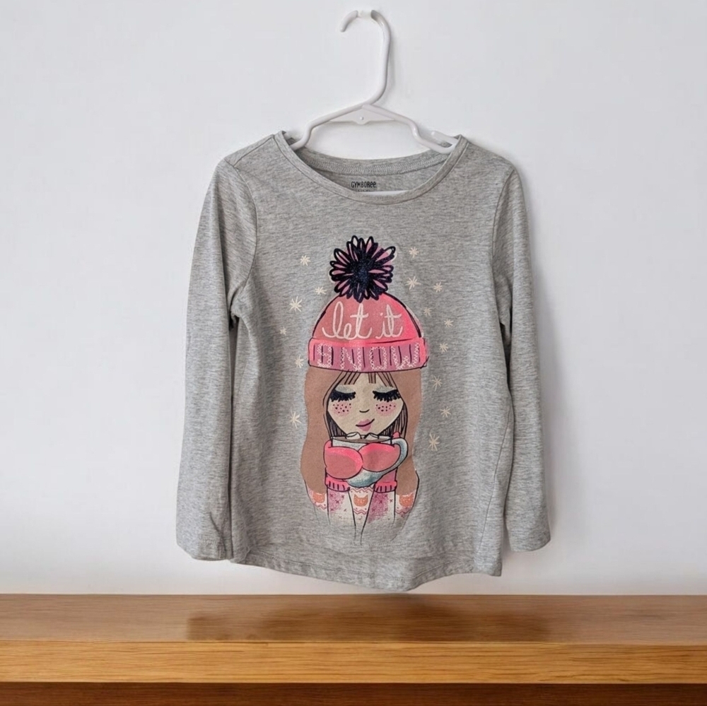 Gymboree Girls Gray Long Sleeve Tee with Pink Winter Graphic Cotton Size (5-6)